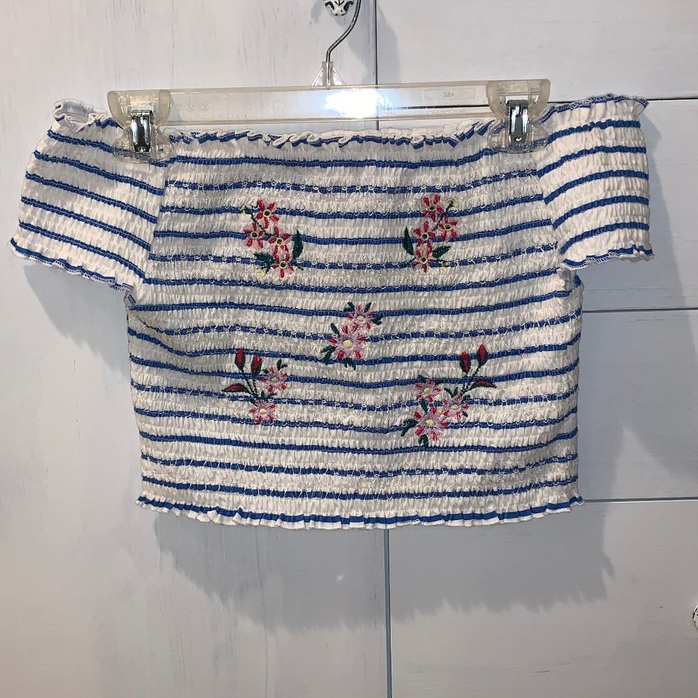 Blue & White Striped Off the Shoulder ribbed top